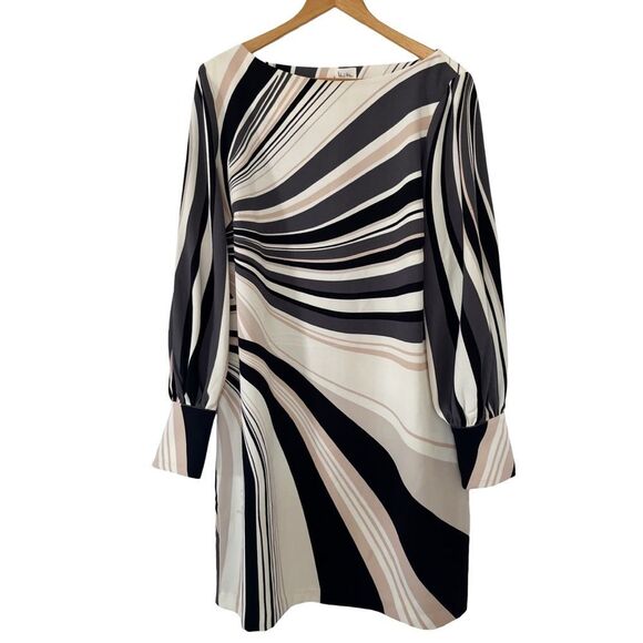 Richard Allan X H&M Black‎ White Tan Printed Swirls Boat Neck Long Sleeve Dress - Picture 2 of 15